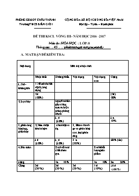 Đề thi khảo sát chất lượng vòng III môn Hóa học Lớp 8 - Năm học 2016-2017 - Trường THCS Biên Giới